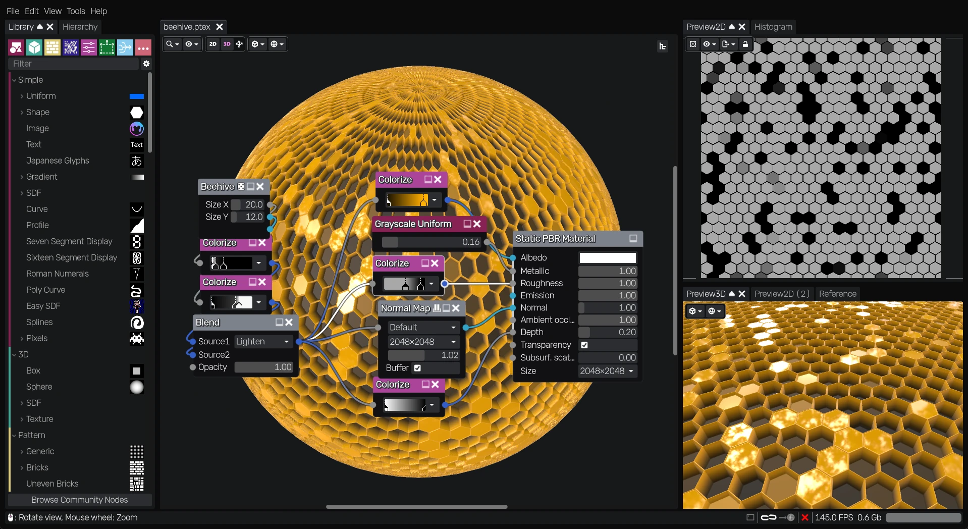 Beehive material graph and preview