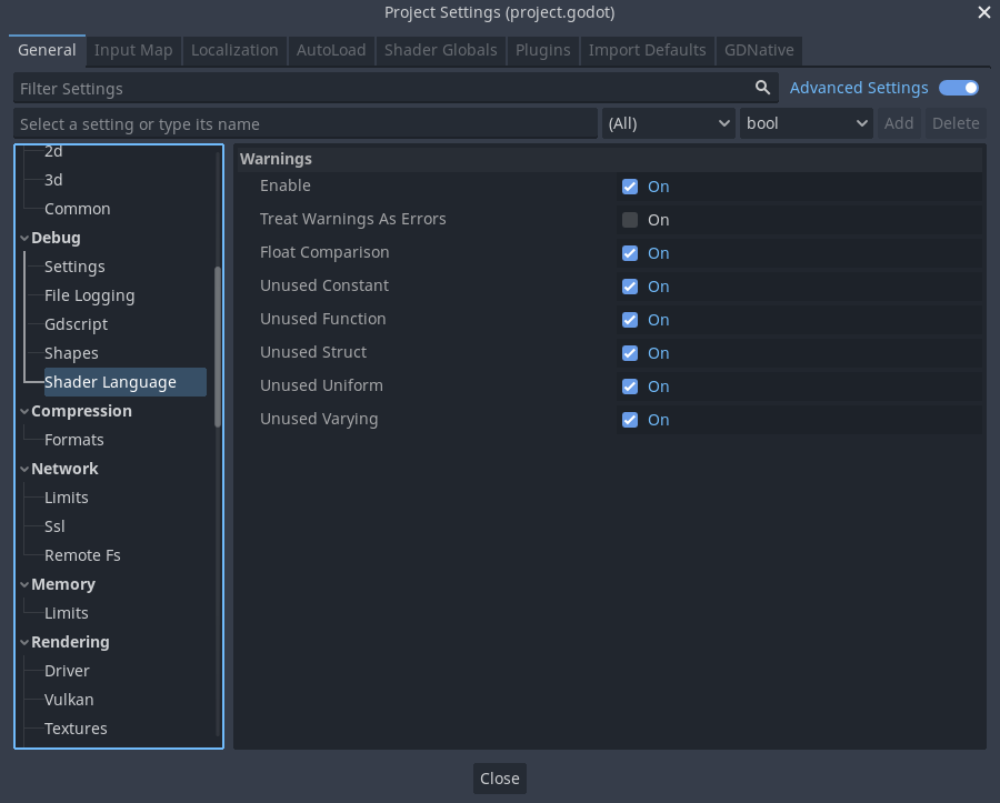 Settings to configure shader warnings