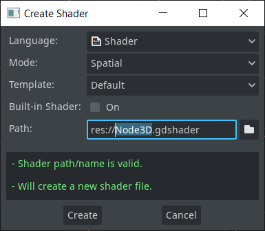 Shader creation dialog