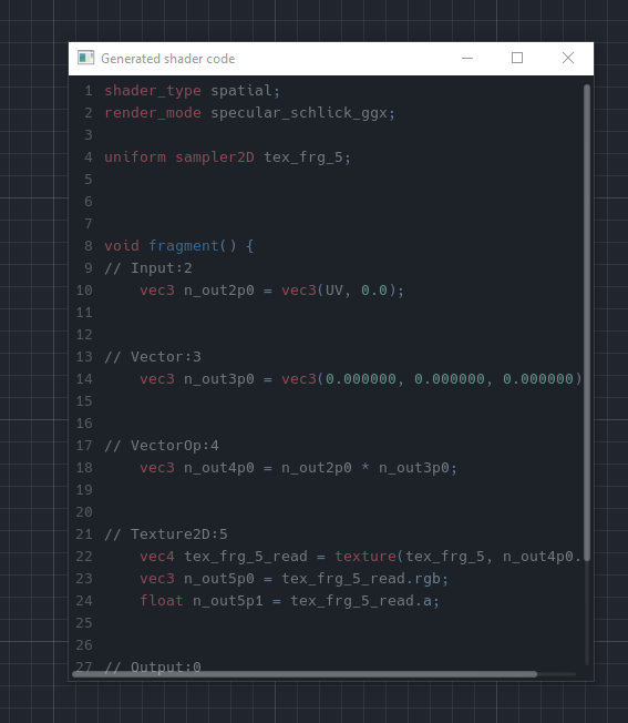 Generated shader code preview window