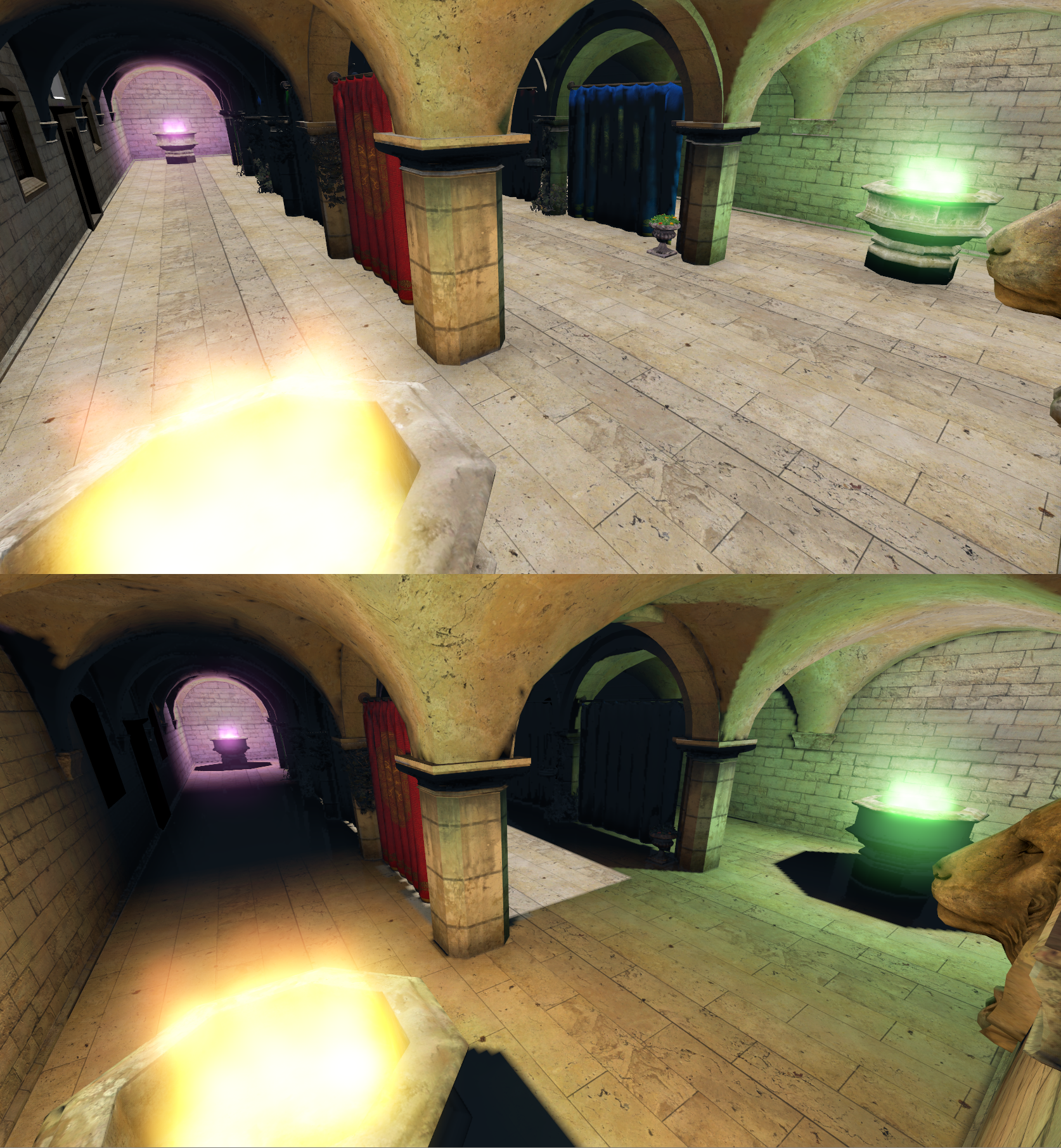 Sponza scene without and with occlusion for direct lighting