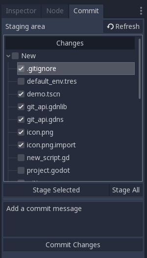 Commit panel with expanded New tree