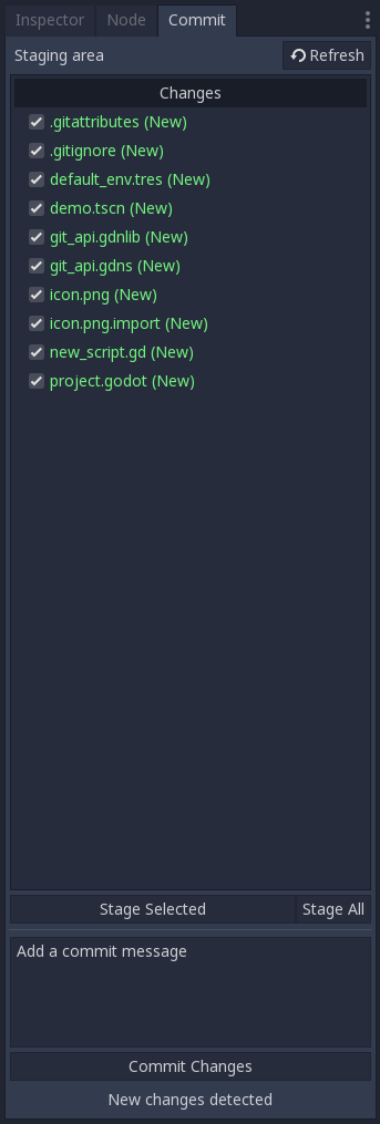 Staging area in the Commit tab