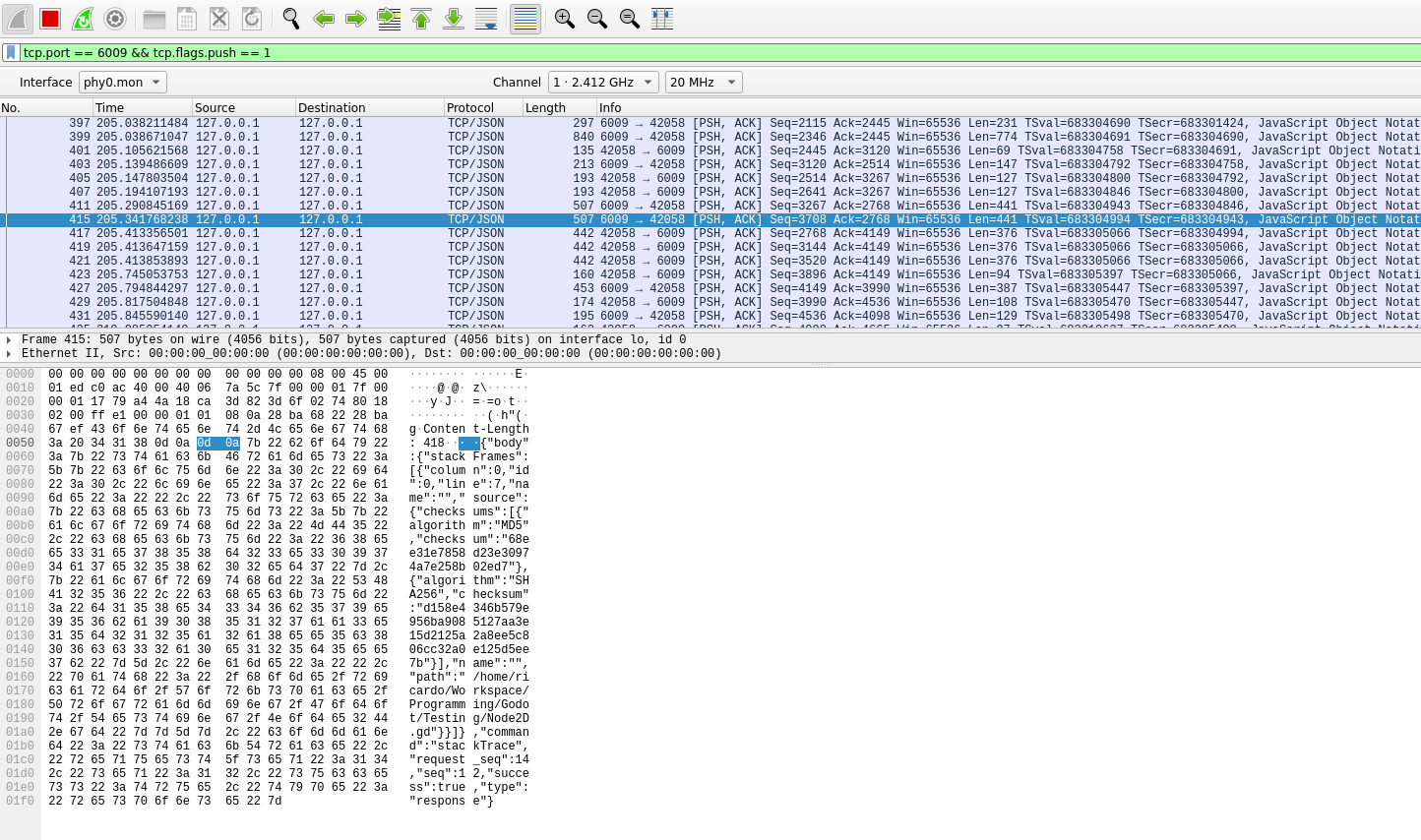 Wireshark view of a communicate between Godot and VSCode