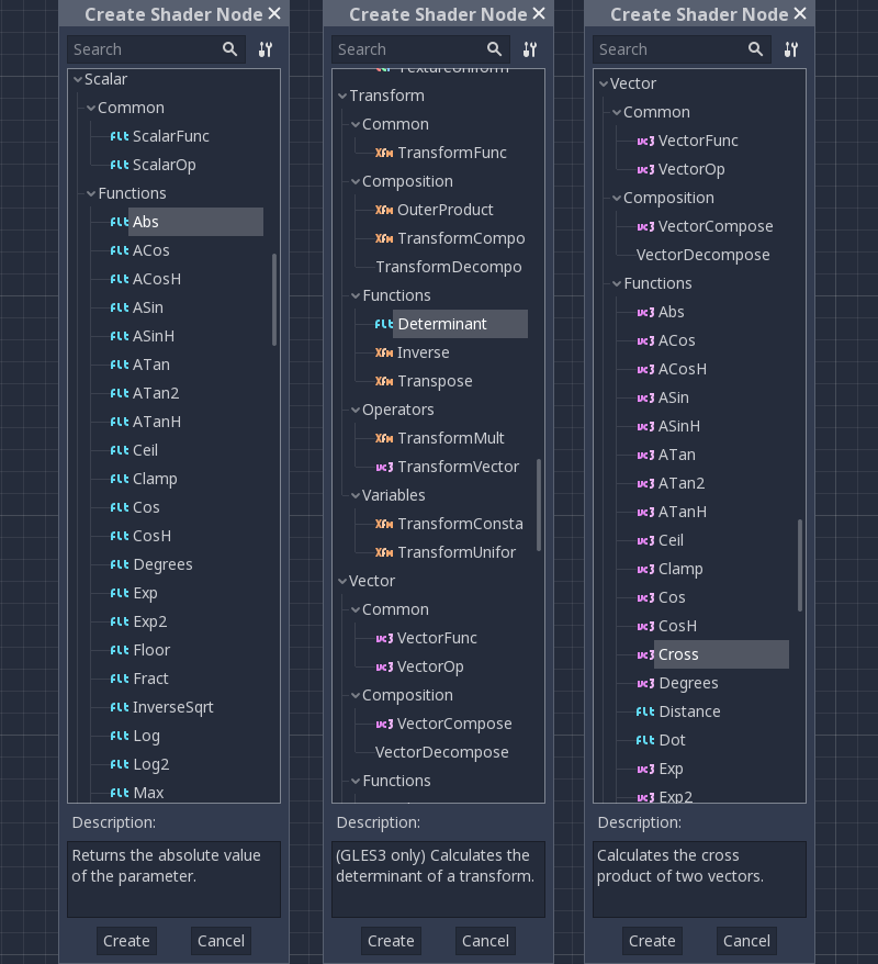 Categories and subcategories of the popup menu