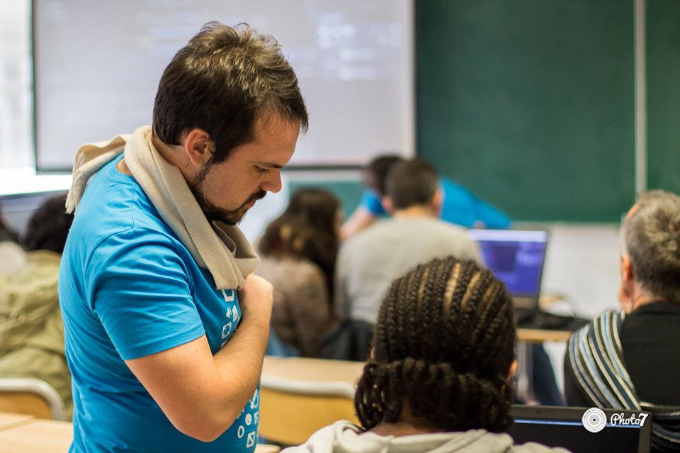 Gilles teaching Godot at the Your First Game workshop