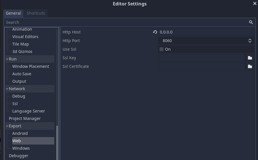 Web Export editor settings