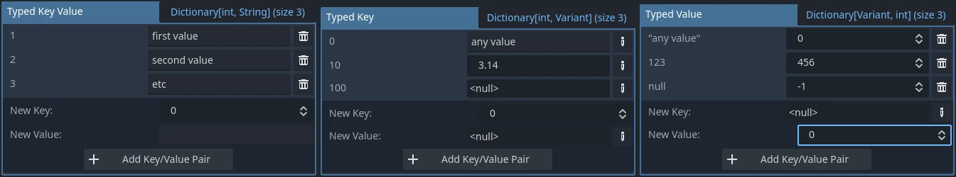 Examples of typed dictionaries in the Inspector