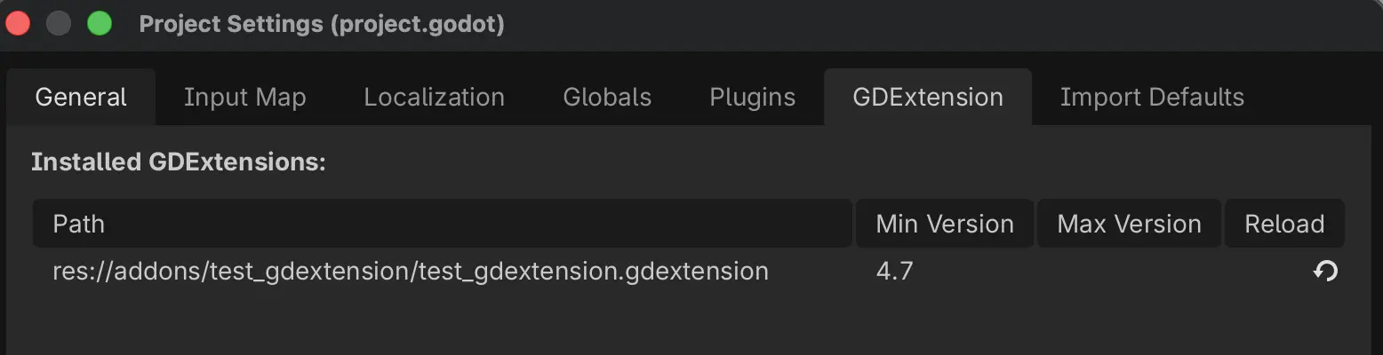 Showcase of an installed GDExtension in the project settings