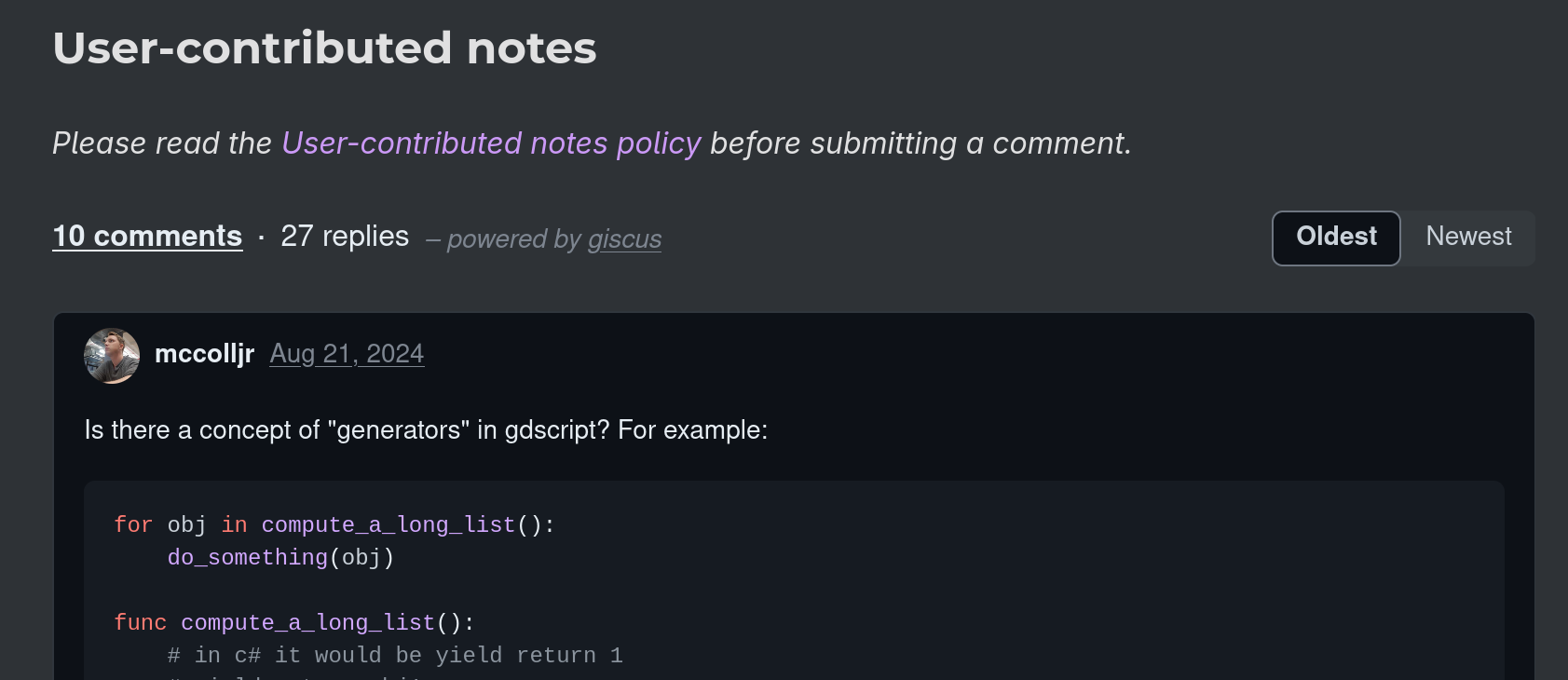 Godot documentation user notes screenshot