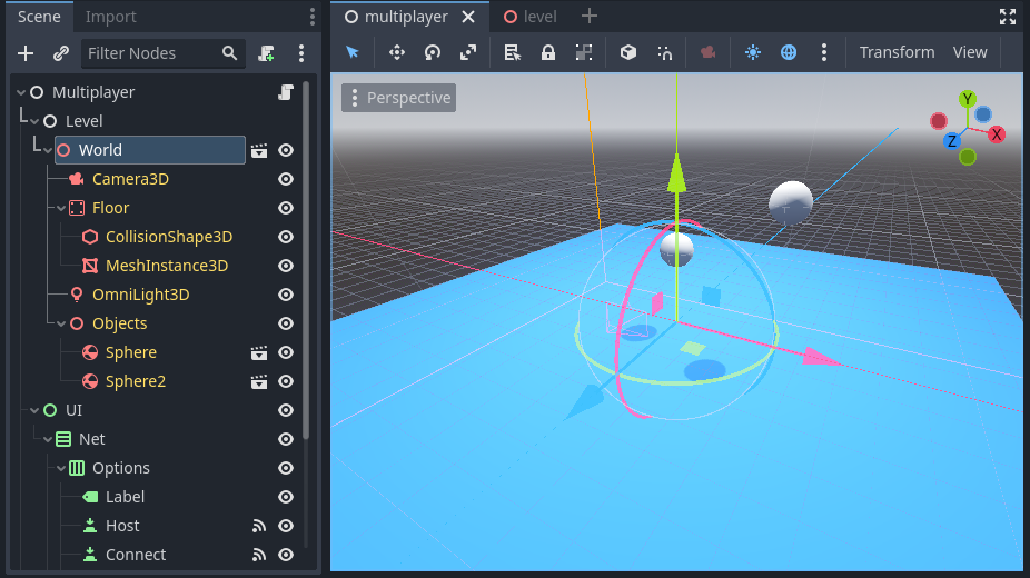 Scene Tree and 3D view of the multiplayer scene