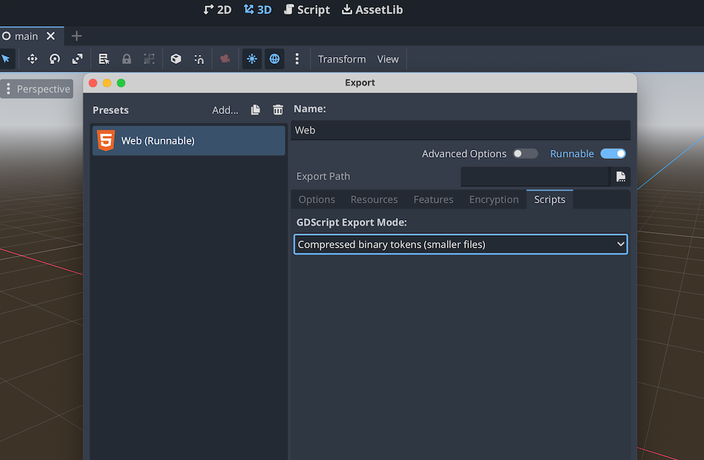 Image of the export GDScript binary tokenization settings