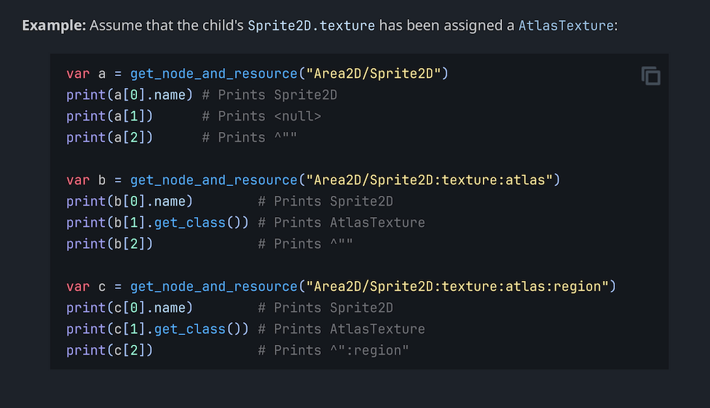 Image of the documentation syntax highlight and copy button features