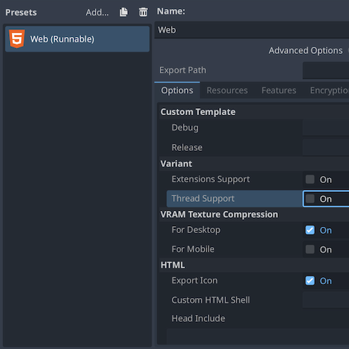 Image of the web export settings