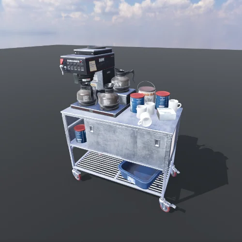 Scene without bent normals of a coffee machine on an industrial drawer with cups and coffee cans around.