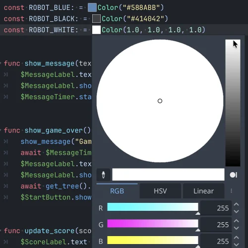 Script editor of the Godot Editor showing the new Color preview.