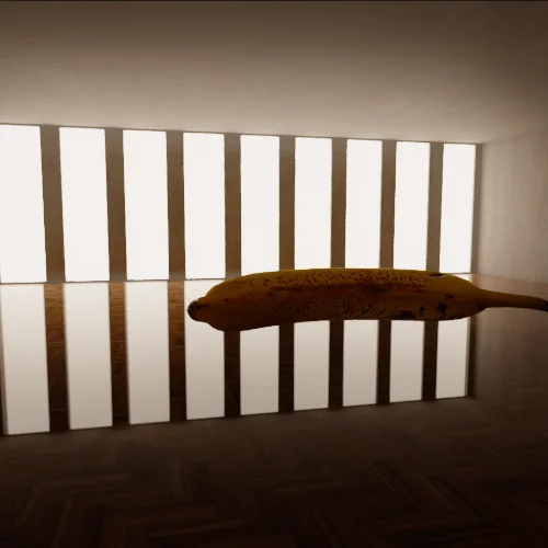 Abstract banana on a wooden floor illumuinated behind it by multiple lights scene on Forward+ without specular occlusion from ambient light.