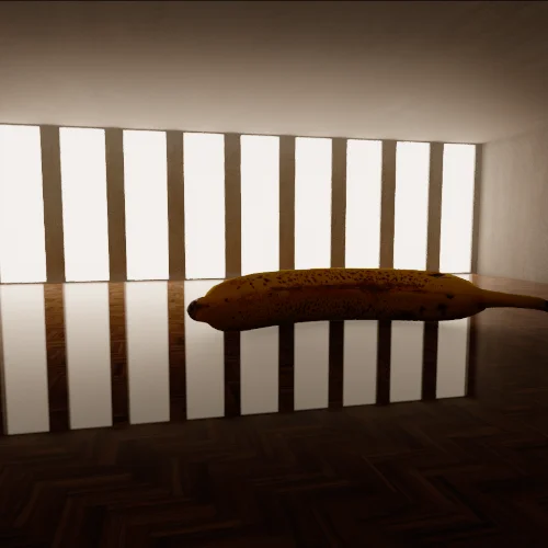 Abstract banana on a wooden floor illumuinated behind it by multiple lights scene on Forward+ with specular occlusion from ambient light.